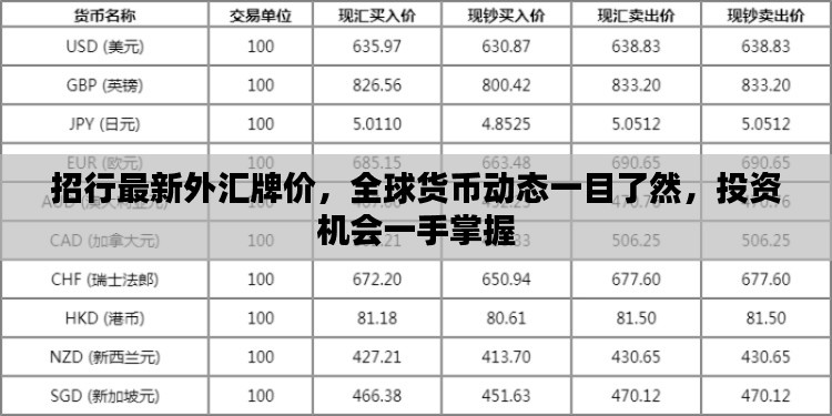 招行最新外汇牌价，全球货币动态一目了然，投资机会一手掌握